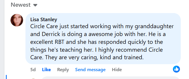 a screenshot of a Facebook testimonial about Circle Cares services 