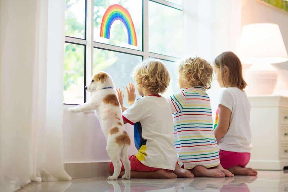 Three Kids And A Dog Looking Out A Window Painted With A Rainbow