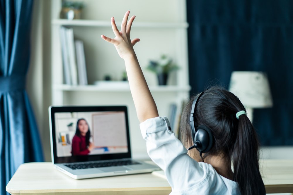 Girl Raising Her Hand In Online Class On Laptop
